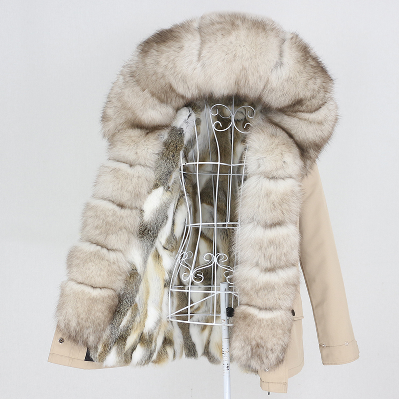 OFTBUY Real Rabbit Fur Coat Waterproof Parka Natural Fox Raccoon Fur Collar Hood Winter Jacket Women Outerwear Removable 201103