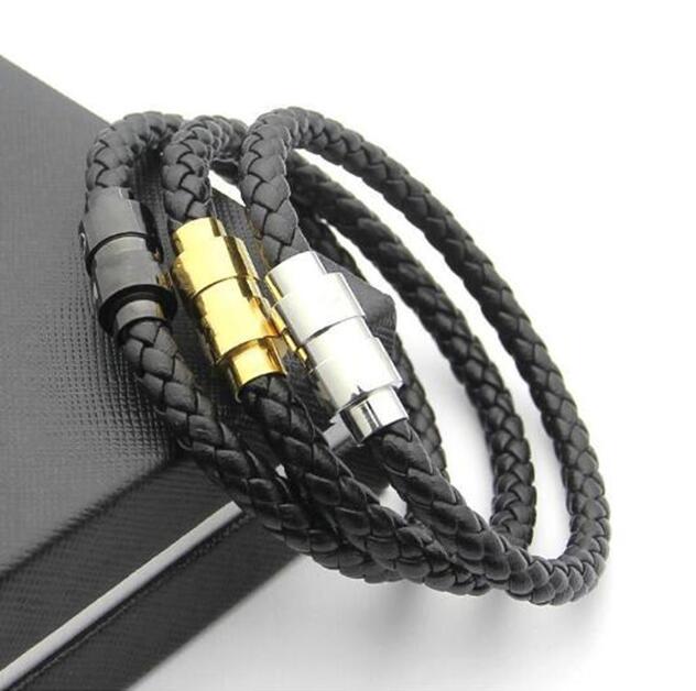 Promotion Men Magnetic Buckle Black Leather Braid charm Bracelet Fashion Jewelry Silver Wholesale price Bracelets For Men Gift ( No Box )