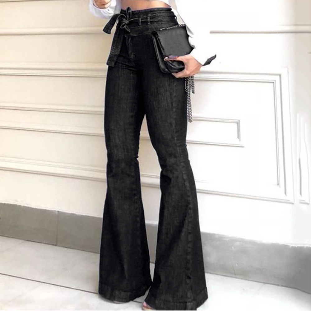 Laamei Women High Waist Bandage Wide Leg Denim Jeans New Women Spring Summer Jeans Ladies Stretch Fare Long Pants 210222