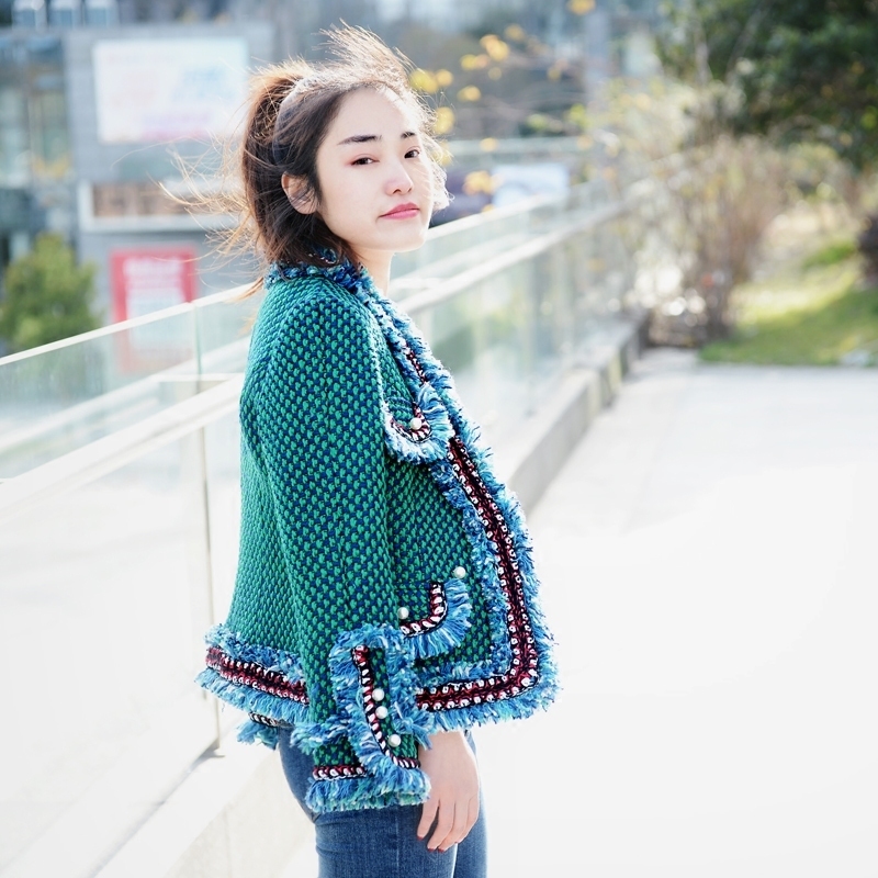 Green tweed jacket brushed trim pearl buckle Spring / autumn / winter women's jacket Slim ladies jacket 201026