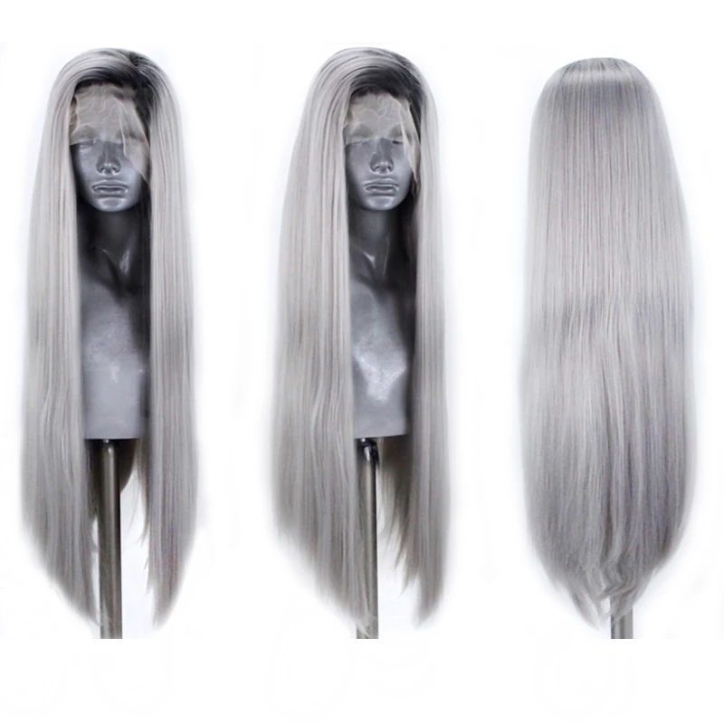 Free part Ombre Silver Gray Wig Synthetic Lace Front Wig Heat Resistant Fiber Hair Glueless Cosplay lace frontal Wigs with Black Roots