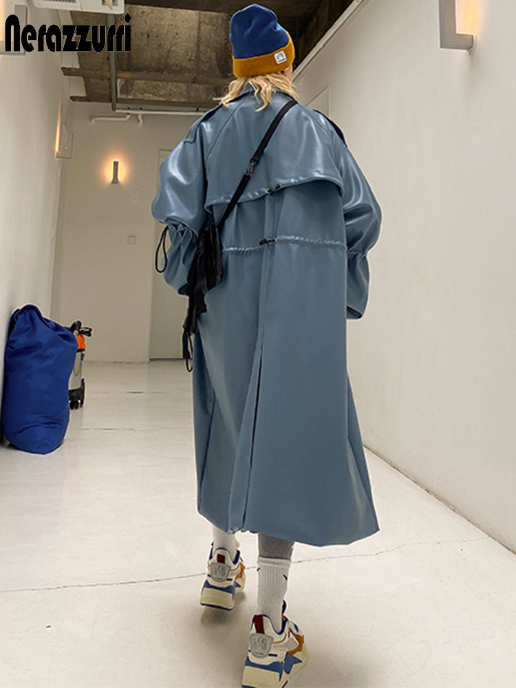 Nerazzurri Oversized blue long leather trench coat women raglan sleeve drawstring Loose casual plus size waterproof raincoat 7xl 201226