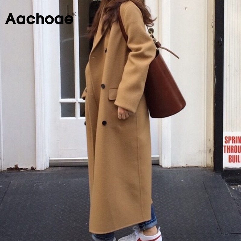 Aachoae Casual Black And Khaki Coat Women Long Sleeve Office Wear Elegant Long Coats Double Breasted Wide Waisted Pocket Coat 201027
