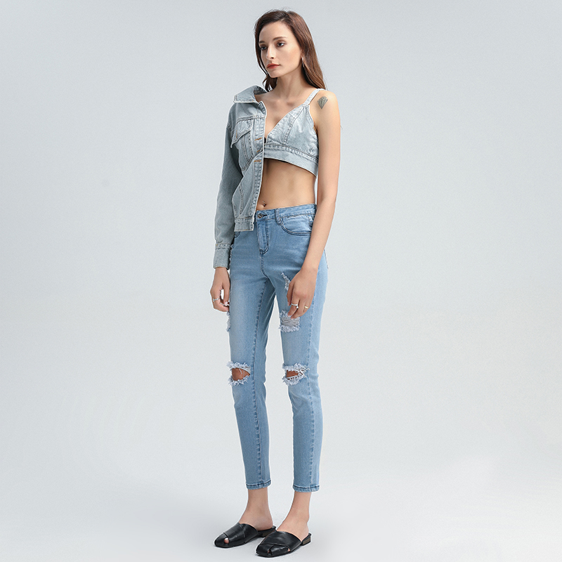 TWOTWINSTYLE Patchwork Asymmetrical Denim Women Coat V Neck One Off Shoulder Sexy Hollow Out Streetwear Coat Female Clothes 201029