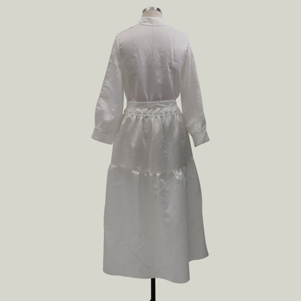 Siskakia Fashion White Shirt Dress Satin Lapel Button Lantern Long Sleeve Pleated Ruffle Hem Midi Dress Elegant Lace Patchwork Y0118