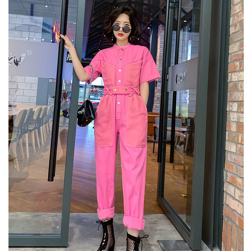 Work Office Women Jumpsuit Spring Summer Fashion Sexy Overall Loose Solid Long Playsuit Lace Up Sashes Jumpsuit Rompers New T200509
