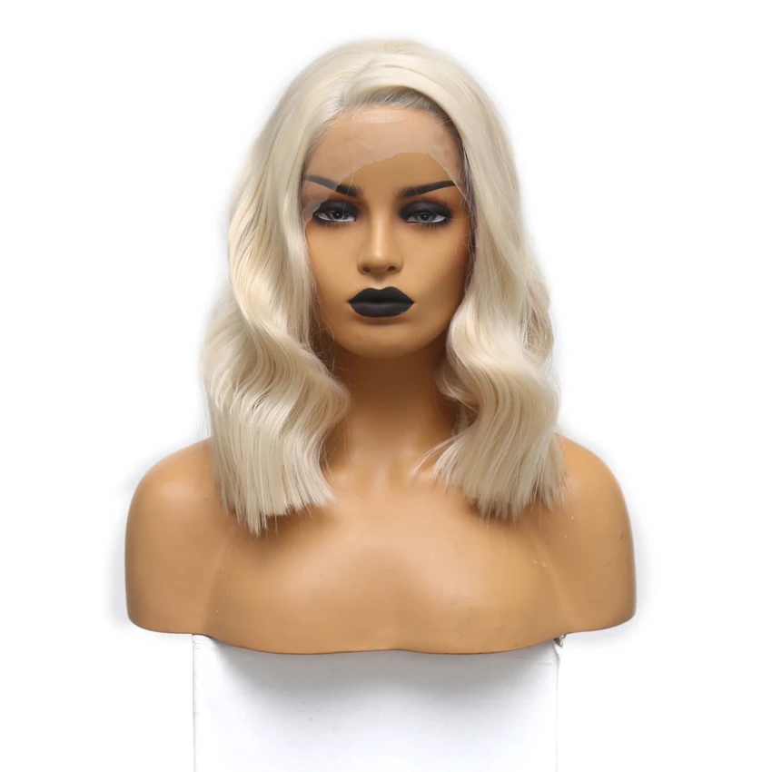 New natural soft Short Wig Heat Resistant Wavy Hair Wigs blonde color Synthetic Lace Front Wig Side Part Glueless Wig For Women