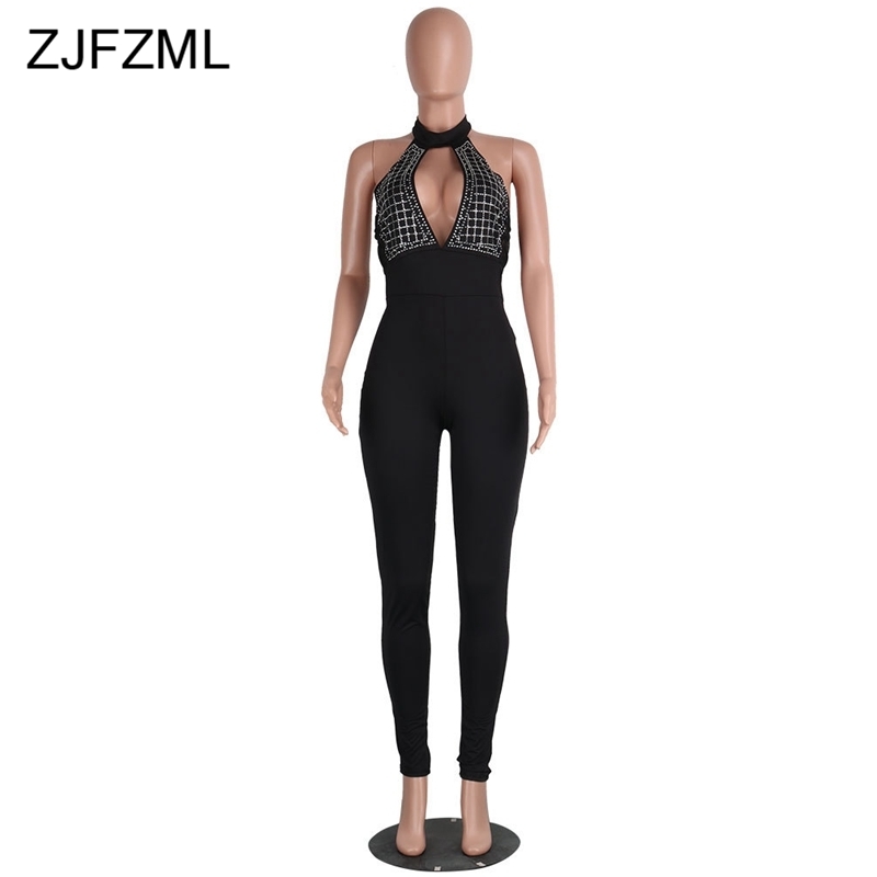 Glitter Rhinestones Sexy Jumpsuits For Women Off The Shoulder Backless Bodycon Romper Elegant Hollow Out One Piece Party Overall T200107