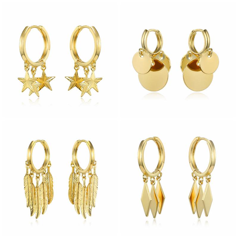 15mm Gold Hoop Earring Feather Stars Design Earring For Women Party Jewelry 2020 New RY1219
15mm Gold Hoop Earring Feather Stars Design Earring For Women Party Jewelry 2020 New RY1219