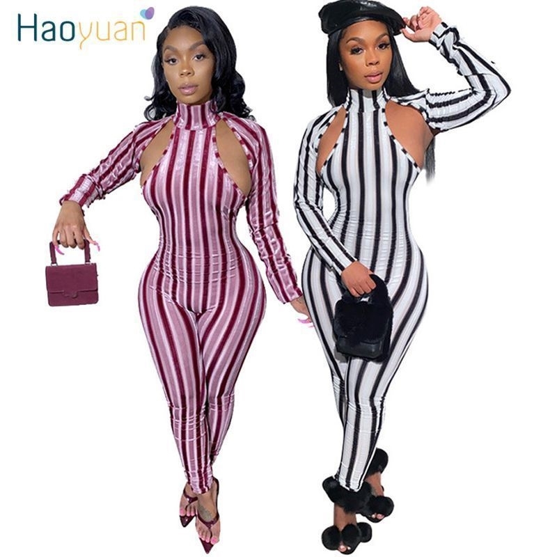 HAOYUAN Sexy Velvet Striped Bodycon Jumpsuit Fashion Body One Piece Club Outfit Long Sleeve Turtleneck Rompers Womens Jumpsuit T200509