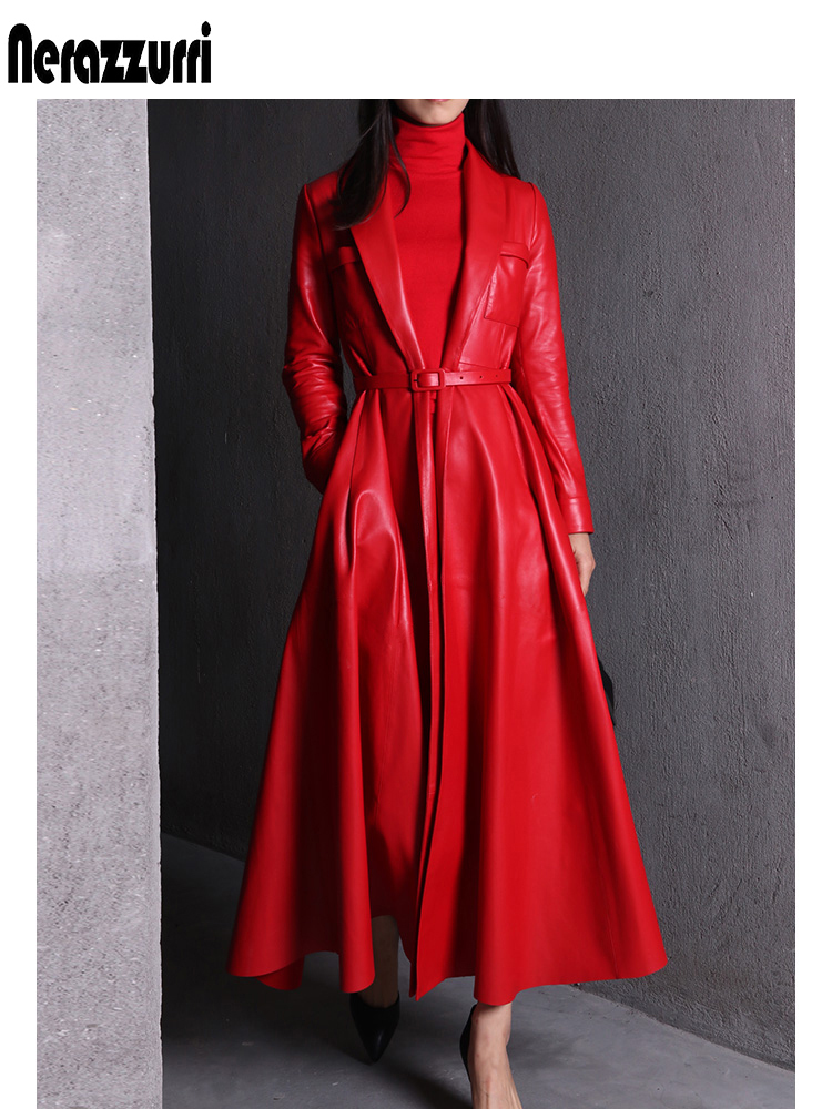Nerazzurri high quality red black maxi leather trench coat for women long sleeve extra long skirted overcoat plus size fashion 201226