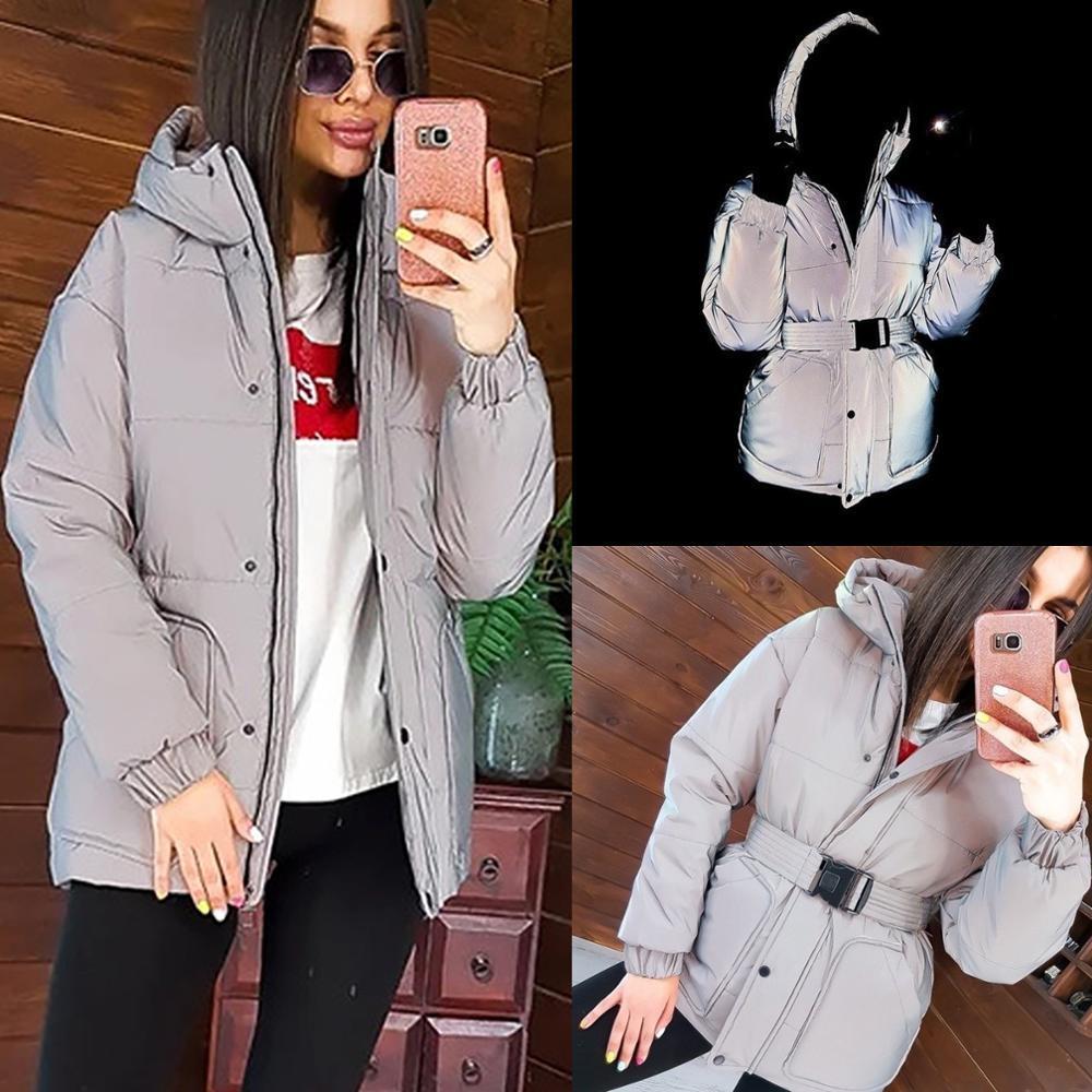 Winter Fashion Reflective Paragraph Warm Women's Jacket Women Europe and America Hooded Luminous Casual Thick Belted Parkas 201029