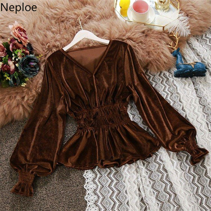 Neploe V-neck Ruffles Blouses Women Tops Long Sleeve Female Shirt Solid Color Korean Clothes Lantern Sleeve Elegant Blusas T200321