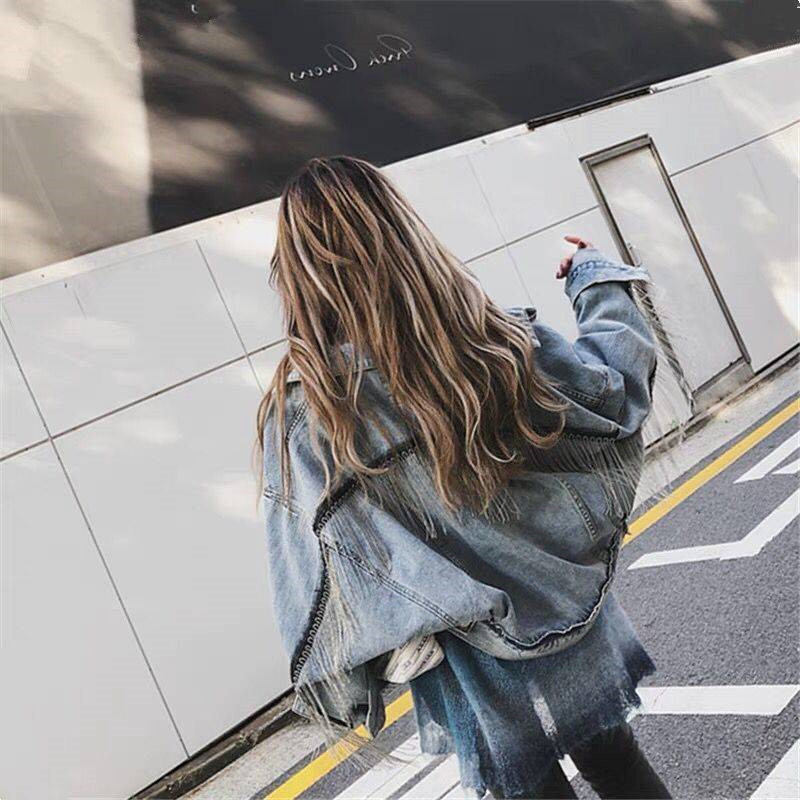 Women bat sleeve tassel short loose burr denim jacket Female Fashion new boyfrieds outwear Autumn Streetwear jean coat 201106