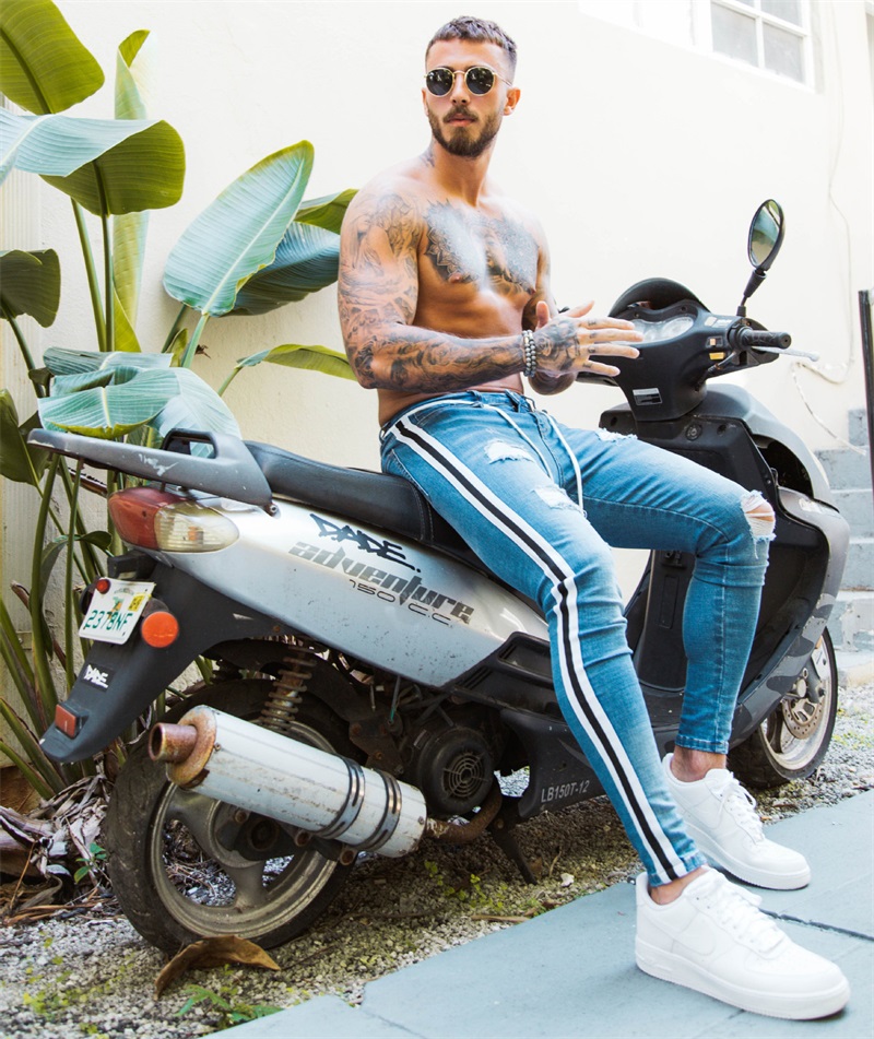 Men's Painted Skinny Slim Fit Straight Ripped Distressed Pleated Knee Patch Denim Pants Stretch Jeans S-3XL