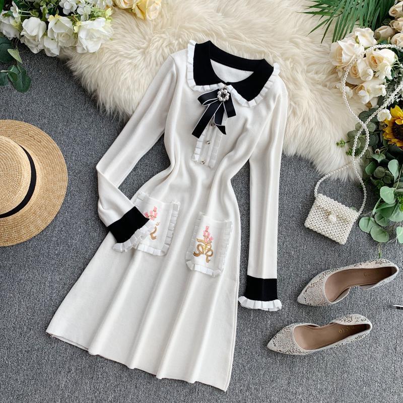Young Gee Women Elegant Sweater Dress NEW Female Autumn Winter White Black Long Sleeve Ruffles Stretch Knitted Sweaters Dresses 201110