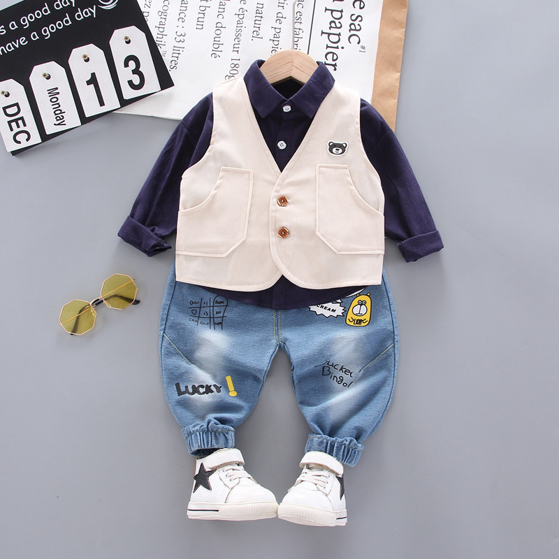 2020 Korean Style Handsome High Quality Kid Boys Clothes Set Long Sleeve Sweatshirt+Vest+Denim Pant 3Pcs Tracksuit BebesX1019