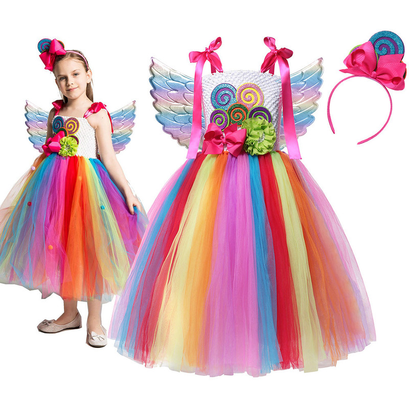 Sweet Candy Girl Clothes Summer Kids Carnival Frock Little Birthday Fancy Rainbow Tutu Dress with Hairband Child Party Gown 220310