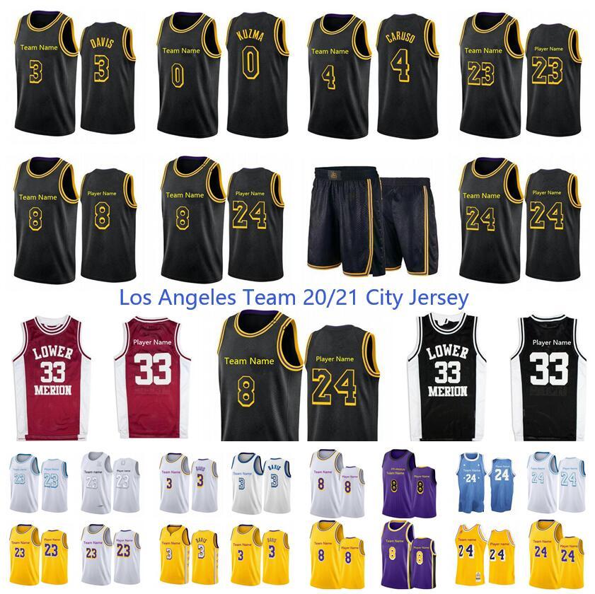 New season 20/21 Los city Angeles Lower Merion 33 player Anthony 3 Davis 23 Player 14 Gassol 4 Caruso 0 Kuzma Black Mamba basketball Jersey