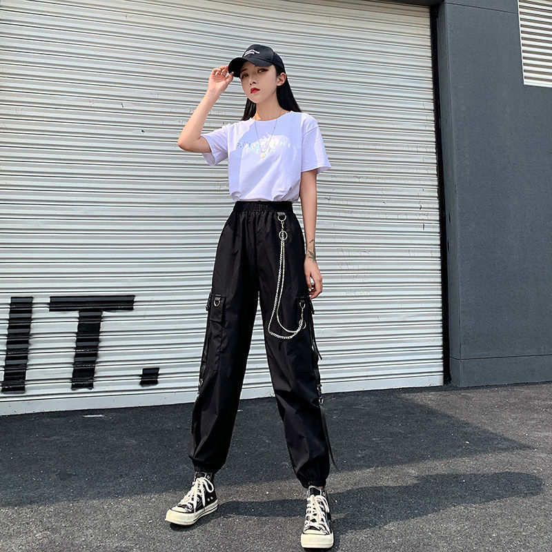 Women's Cargo Pants Buckle Ribbon Pocket Jogger Elastic Waist High Streetwear Harajuku Punk Ring Chain Females Trousers 201106