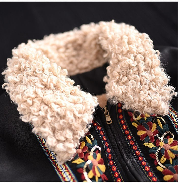 Boho Inspired Lamb Hair floral Embroidered Suede Jacket for women long sleeve boho women jacket coat winter coat warm 201023
