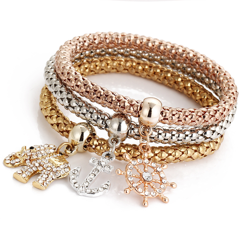 Jewelry Women Bracelets of Three-color Set Elastic Popcorn Chain Diamond Butterfly Pendant Charms Bracelet for Women Gift
