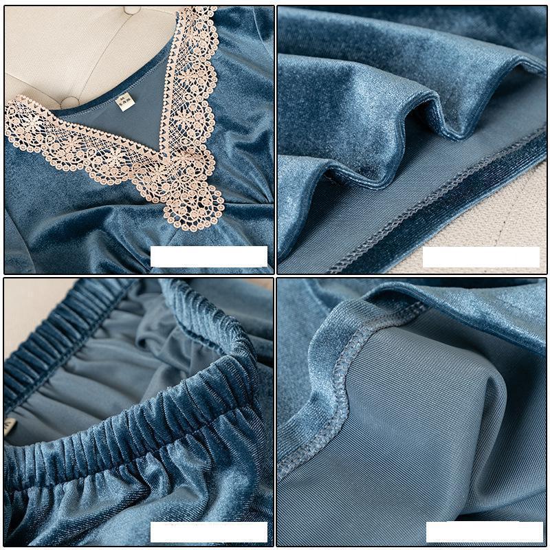 Women New Velour Nightwear Pajamas Suit Autumn Winter Loose Pijamas Velour Long Sleeve Tops&Pants Set Lace Patchwork Home Wear 201113