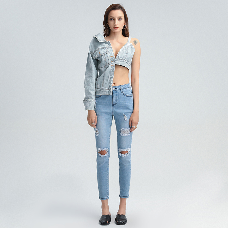TWOTWINSTYLE Patchwork Asymmetrical Denim Women Coat V Neck One Off Shoulder Sexy Hollow Out Streetwear Coat Female Clothes 201029
