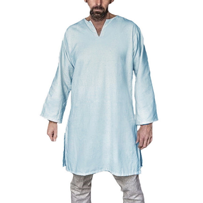 Long Shirt Men Medieval Tops Men's Long Sleeve Plain T-shirt Oversized Retro Vintage Tunic Stage Costume Knight Top 201202