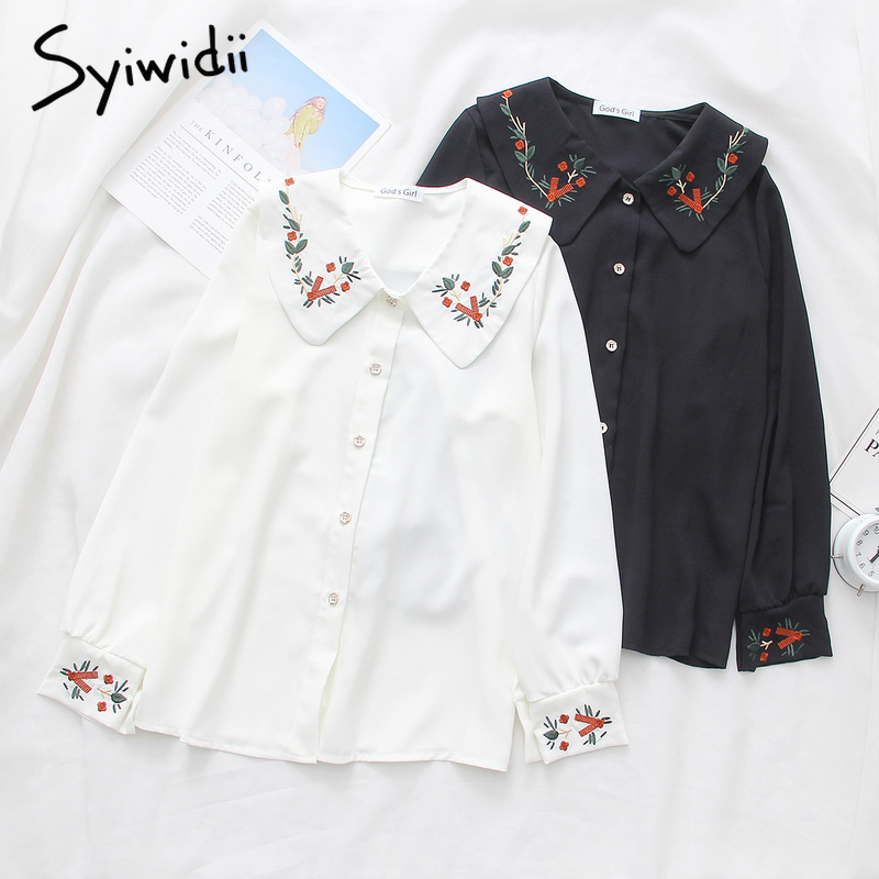 Vintage Embroidery Floral Blouses for Women Shirts 2021 Spring Chiffon Blouse White Black Lantern Long Sleeve Shirts Cute 90s 201125