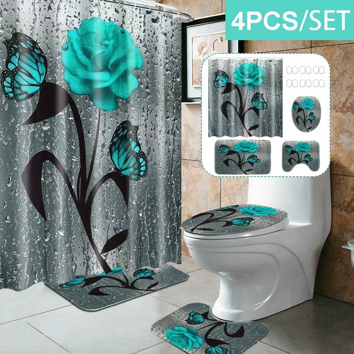 Green Butterfly Rose Pattern Waterproof Print Shower Curtain 4 Piece Carpet Cover Toilet Cover Bath Mat Pad Set Bathroom Curtain C1030
Green Butterfly Rose Pattern Waterproof Print Shower Curtain 4 Piece Carpet Cover Toilet Cover Bath Mat Pad Set Bathroom Curtain C1030