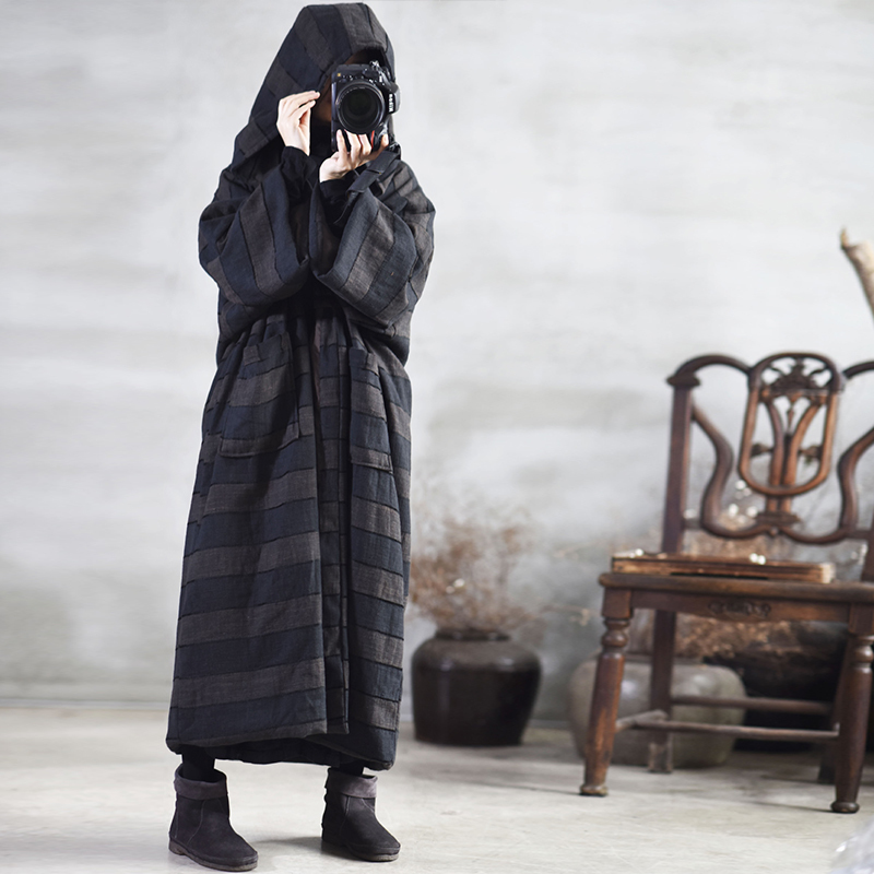 Johnature Women Vintage Cotton Parkas Coats Spring Striped Loose Simple Casual Warm Cotton Long Hooded Coats 201017