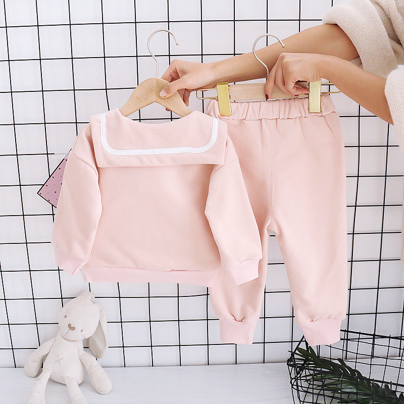 2020 New Children's Clothing Suits Baby Girl Clothes Lapel Pullover Solid Color Long-sleeved Fashion Top + cute Warm TrousersX1019