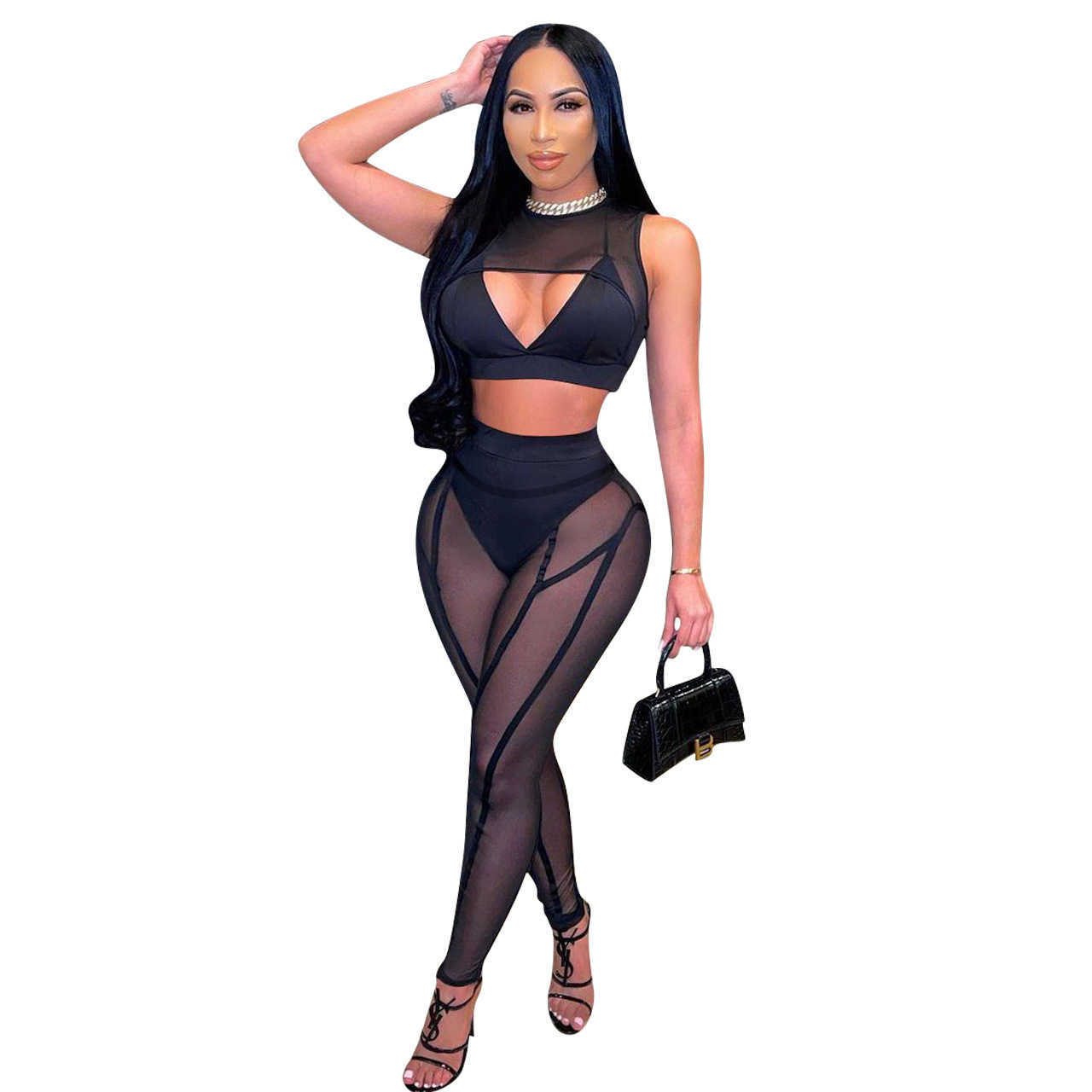 Designers Women Clothes 2023 summer new mesh stitched stripe casual slim fit pants Fashion