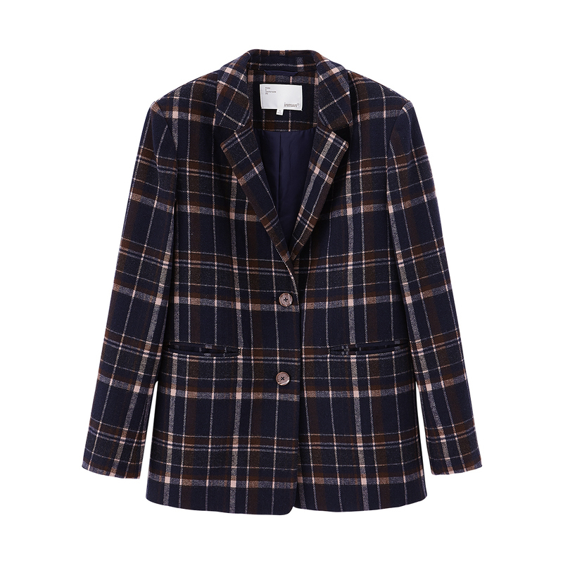 INMAN Autumn Winter New Arrival Preppy Style Plaid Striped Plaid Blue Cafe Suit Texture Woman Woolen Coat 201106