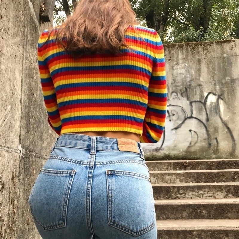 Simenual Rainbow stripes sweater jumper knitwear fashion slim sexy women's turtlenecks sweaters and pullovers colorful pull T200319