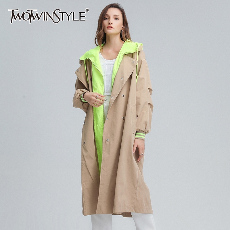 TWOTWINSTYLE Korean Patchwork Hit Color Trench For Women Lapel Long Sleeve Hoodies Casual Loose Windbreaker Female Fall New 201102