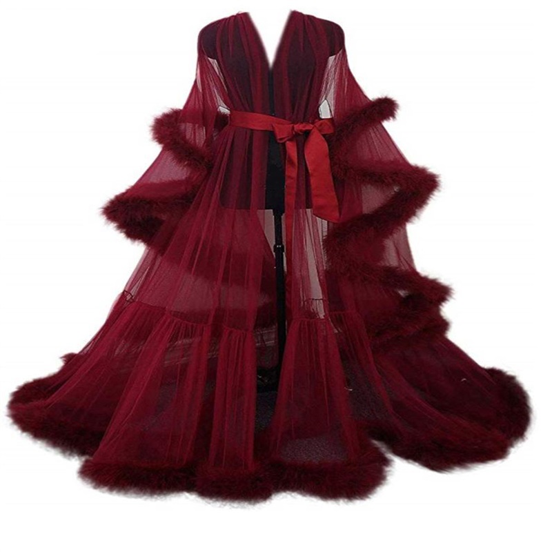 Real Image Wedding Bathrobe Long Sleeves Feather Sleep Wear Custom Made Pajamas Sexy Illusion Tulle Wedding Robe Nightgown