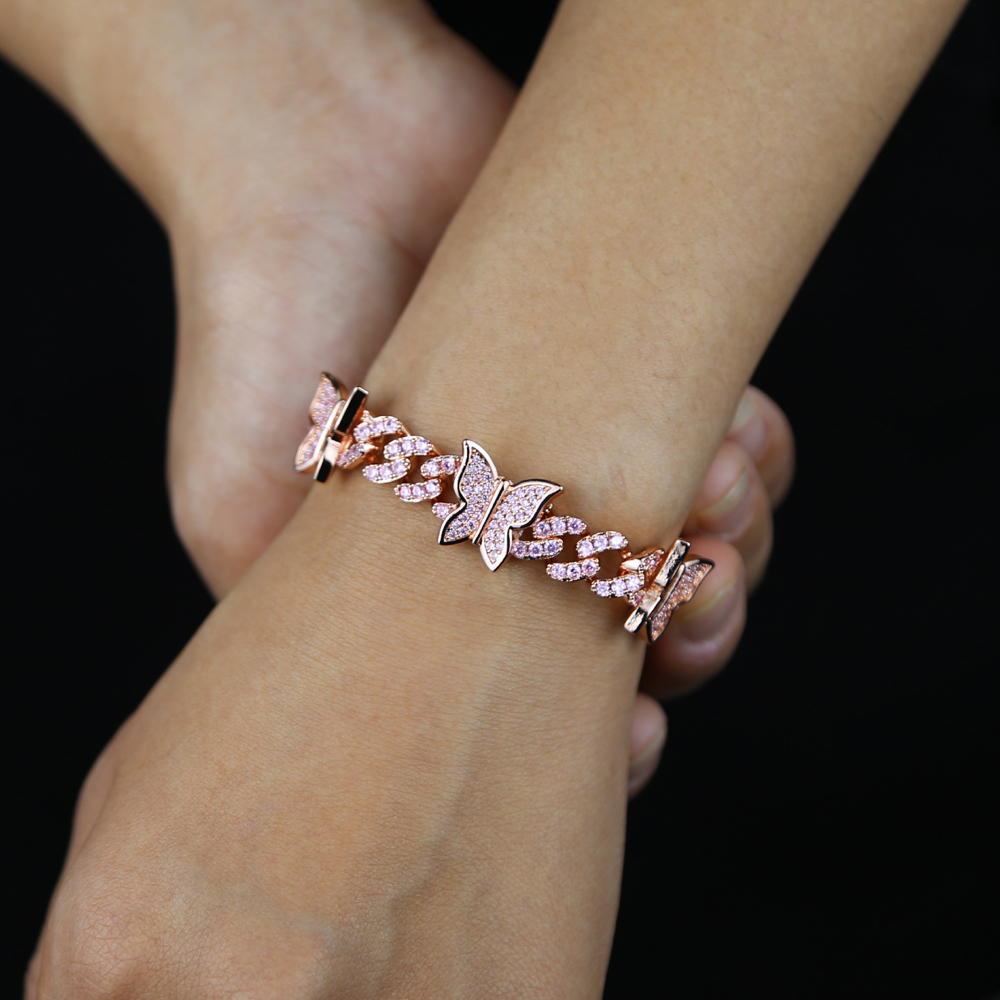 2024 Women Hip Hop Butterfly Charm Cuban Chain Bracelet Bangle with White Pink 5A cz Paved Gold Rose Gold Silver Color for Women Wedding