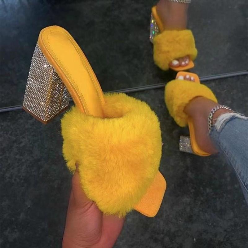 Dress Shoes Luxury Bling Rhinestone Chunky Heel Fluffy Fur Sandals Women High Square Toe Big Size 10.5 Slip On Slippers For Girls, Yellow
Dress Shoes Luxury Bling Rhinestone Chunky Heel Fluffy Fur Sandals Women High Square Toe Big Size 10.5 Slip On Slippers For Girls, Yellow