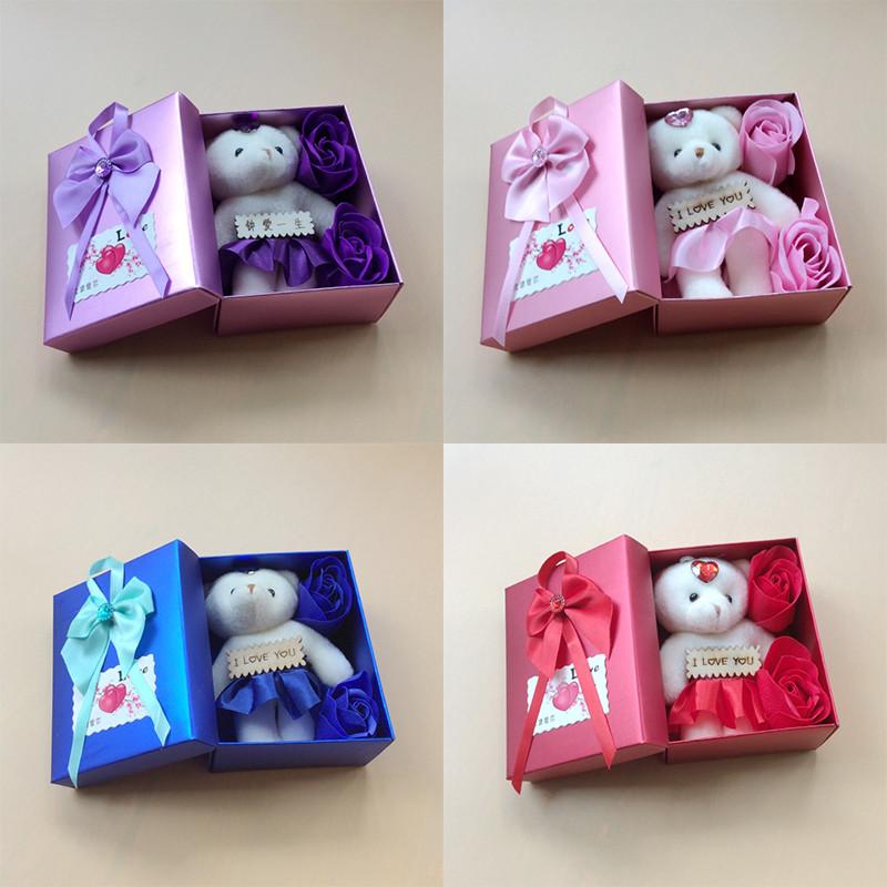 4 Colors Creative Soap Flower Bear Gift Box Valentine's Day Gift Valentines Day Decoration Rose Flower Box Present Free Shipping