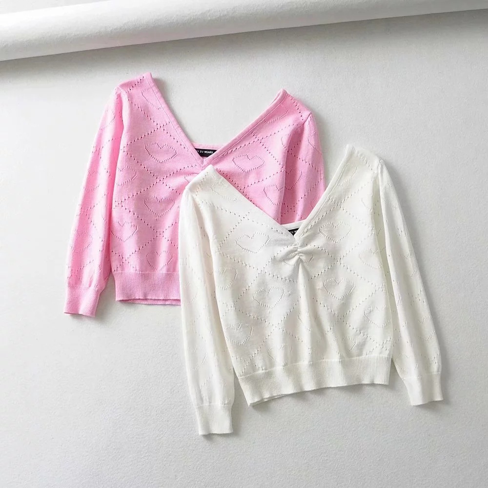 Women's Vintage Love Jacquard Sweet V-neck Sweater Spring Autumn pullovers bottom sweaters jumper pullover women pull femme 201023