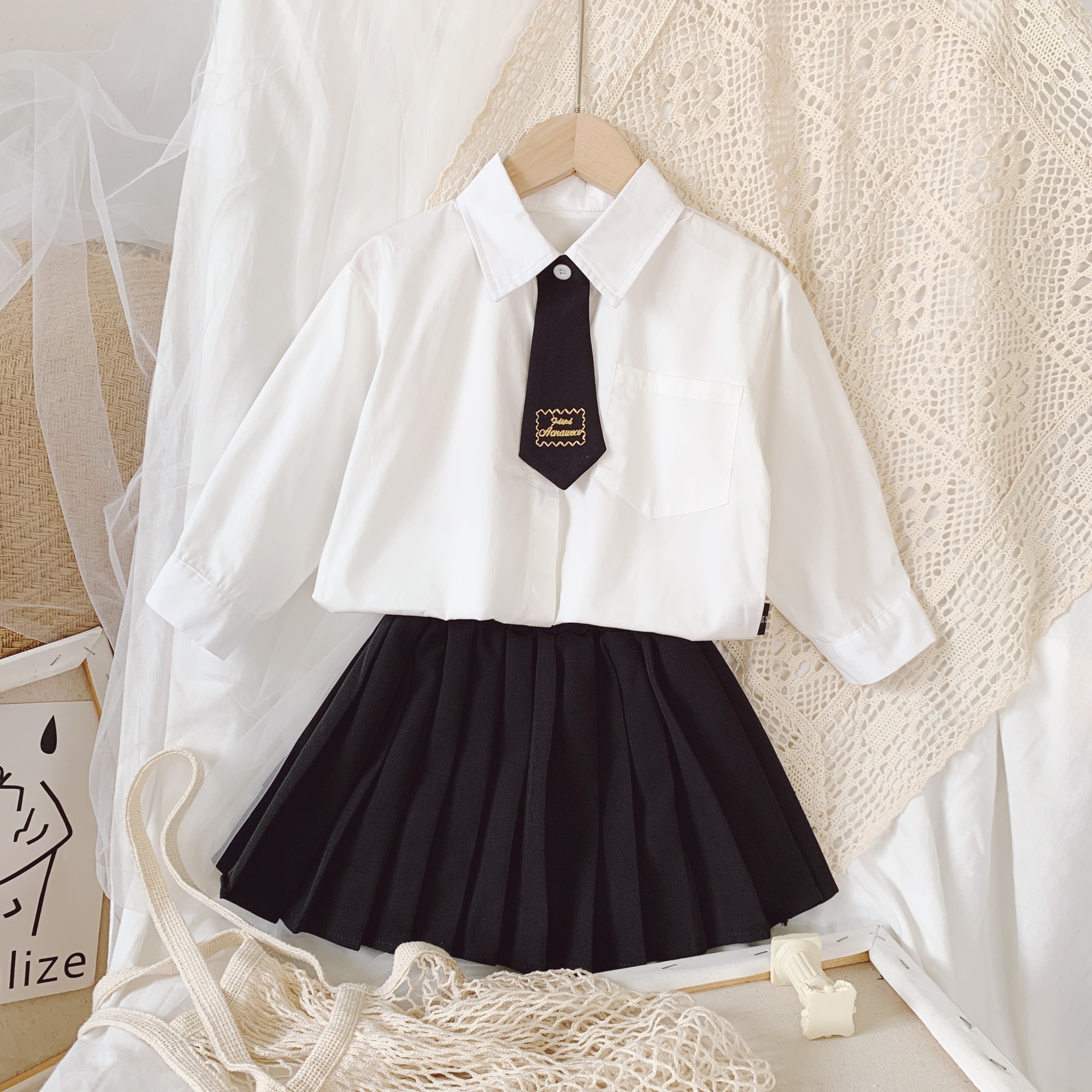 Thunderers Autumn Girls Clothes Suit Preppy Style Tie Blouse Pleated Skirt Two-piece Clothing Set For 3-7 YearsX1019