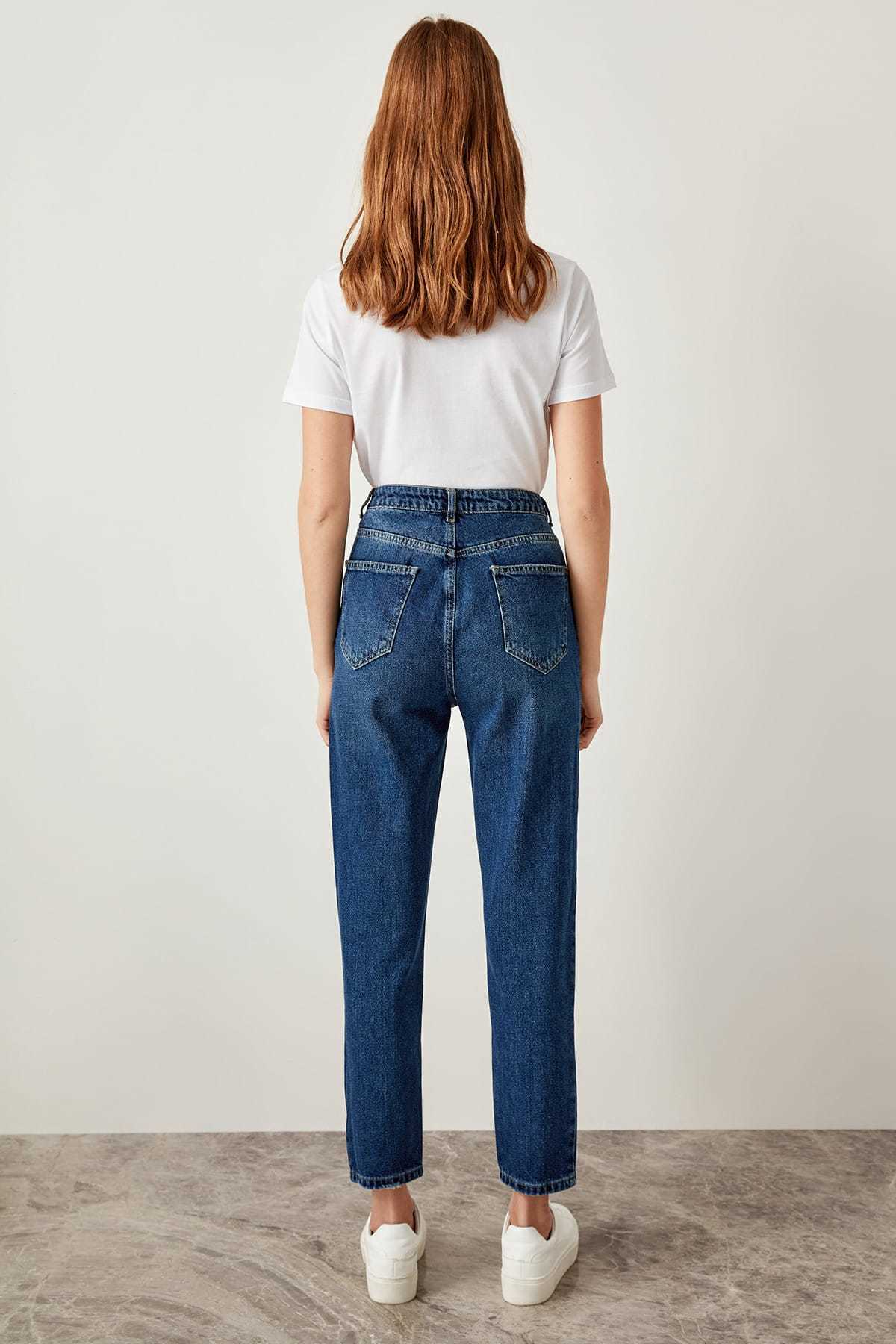 Trendyol Blue High Waist Mom 80s Jeans Casual Straight-led Denim for Ladies T200103
