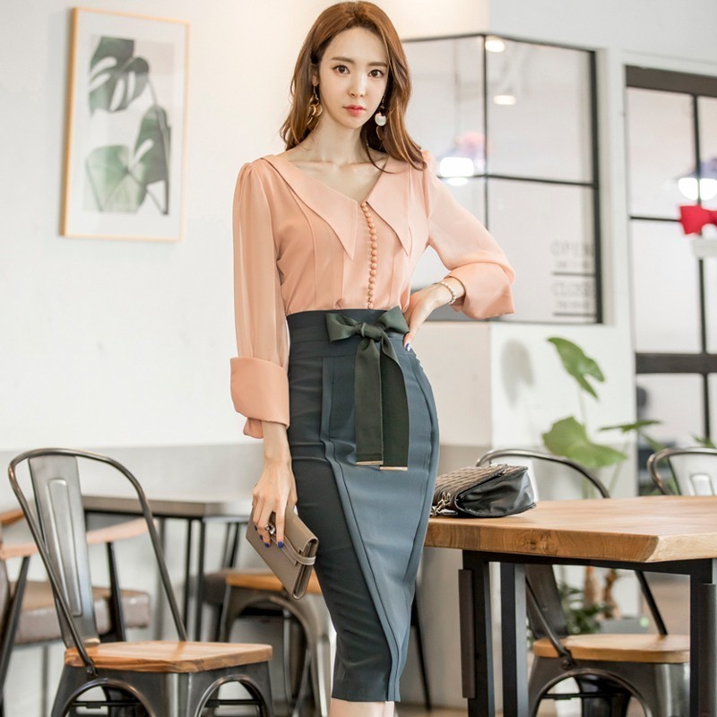Women's Bowknot Pencil Skirt, High Waist Knee Length Office Bodycon Elegant Korean OL Style, Fashion B2