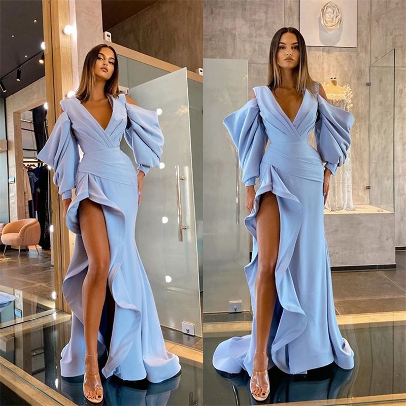Modern Side-split Evening Dresses Fashion Ruffles Satin V-neck Long Sleeves Formal Prom Dresses Custom Made Sweep Train Mermaid Party Dress