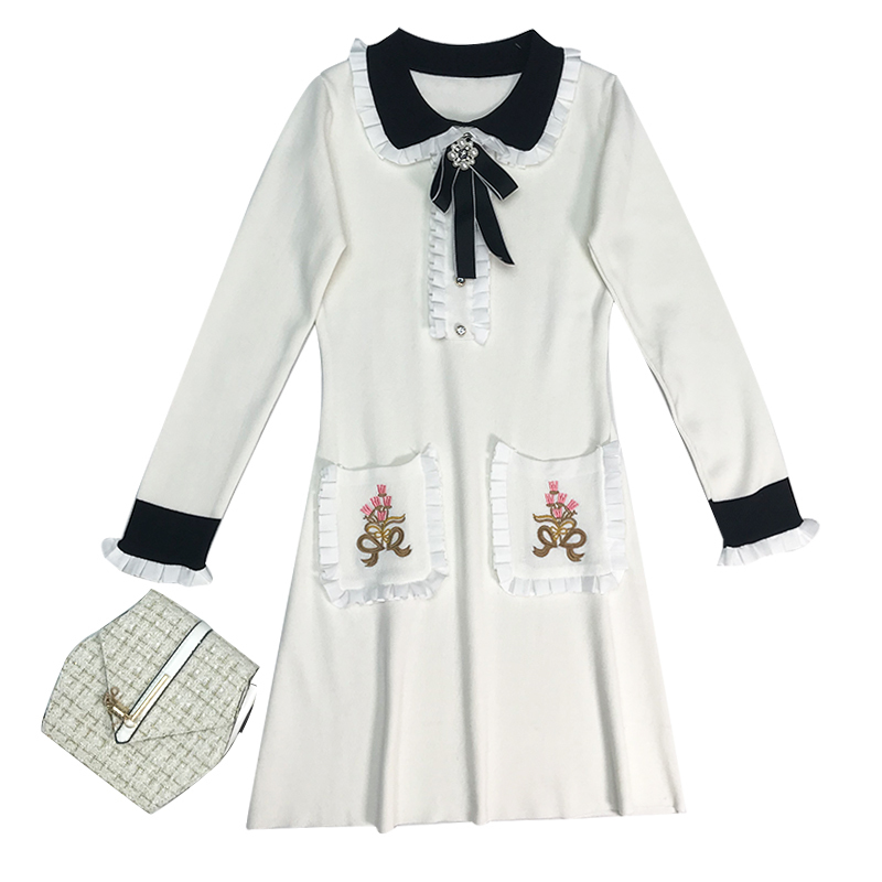 Young Gee Women Elegant Sweater Dress NEW Female Autumn Winter White Black Long Sleeve Ruffles Stretch Knitted Sweaters Dresses 201110