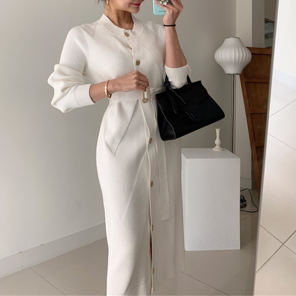 Winter Elegant O-Neck Single-Breasted Women Solid Sweater Long Sleeve Belted Knitted Mid-Length Dress Female 201126