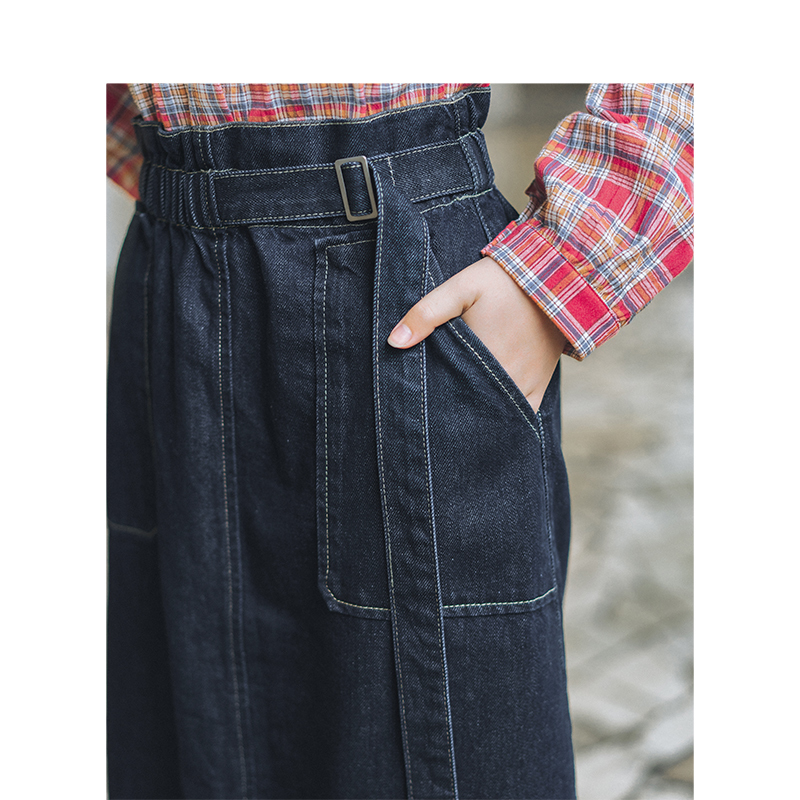 INMAN Spring Autumn Elastic Waist Fashion All Matched Patch Pocket Casual Literary Retro Women Medium Jean Skirt T200113