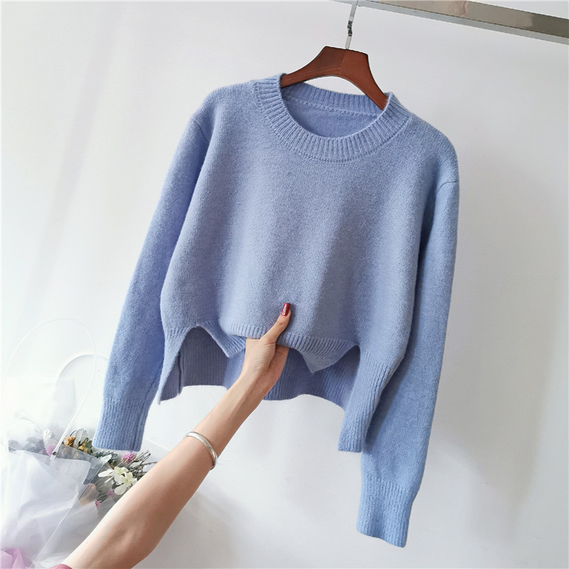 Sweater Women Front Short Back Long Round Collar Autumn Korean Fashion Full Sleeve Solid Color 201223